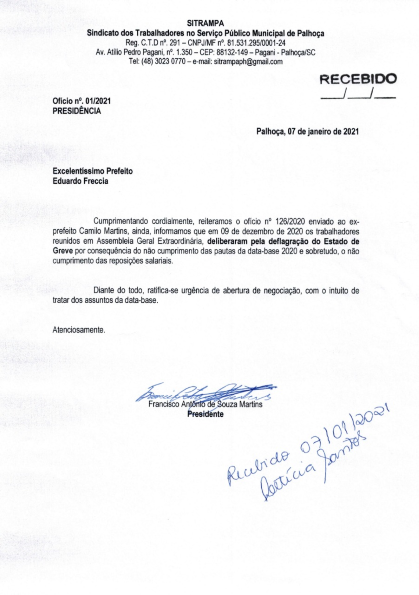 Sitrampa reforça pedido para abertura de uma mesa de negociação
