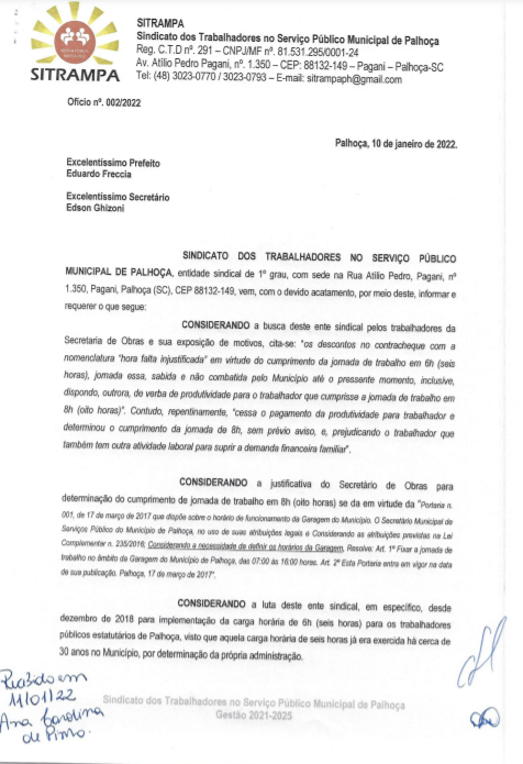 Sitrampa solicita carga horária de seis horas para os trabalhadores do setor Garagem