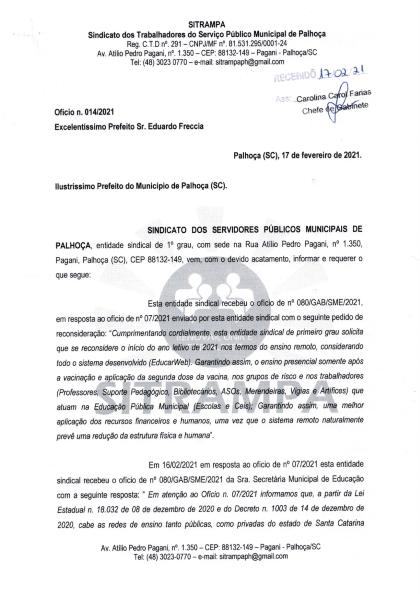 Sitrampa encaminha ofício ao Executivo informando deliberações da assembleia dos profissionais da Educação