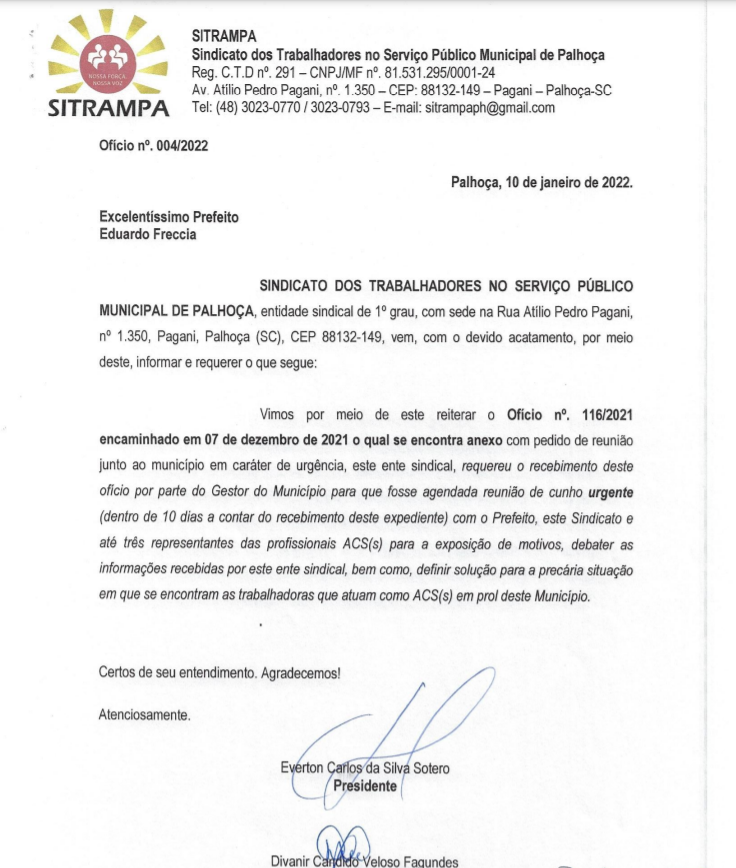 Sitrampa reitera pedido de reunião com a Prefeitura sobre a situação precária das ACS