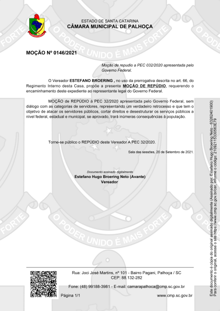 Câmara de Vereadores de Palhoça aprova moção de repúdio à PEC 32
